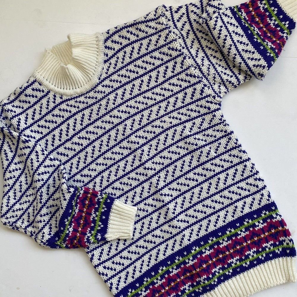 Vintage INTERIN Tunic Sweater Fair Isle Deadstock Purple‎ White Size S